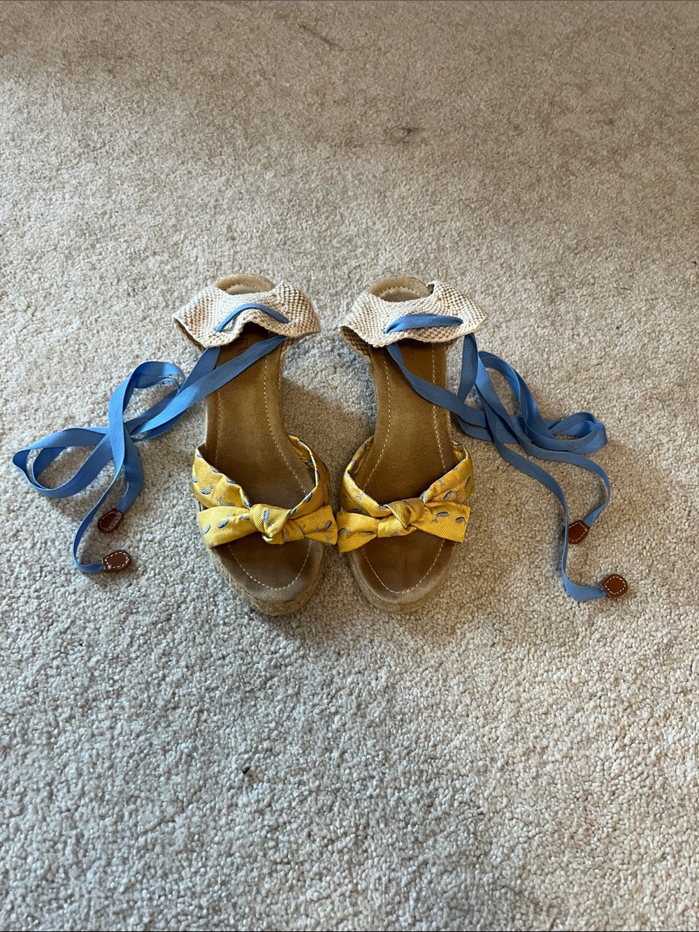 J. Crew Vintage Womens Yellow Bow Espadrille Sandals & Blue Ankle Ties Sz. 7